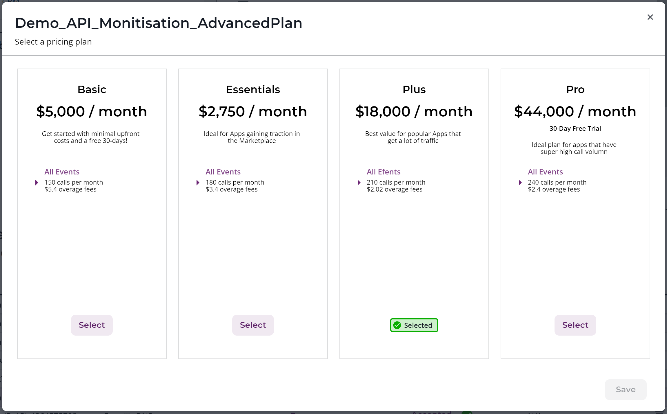 You can Select a new plan and a toast message is displayed that says ...