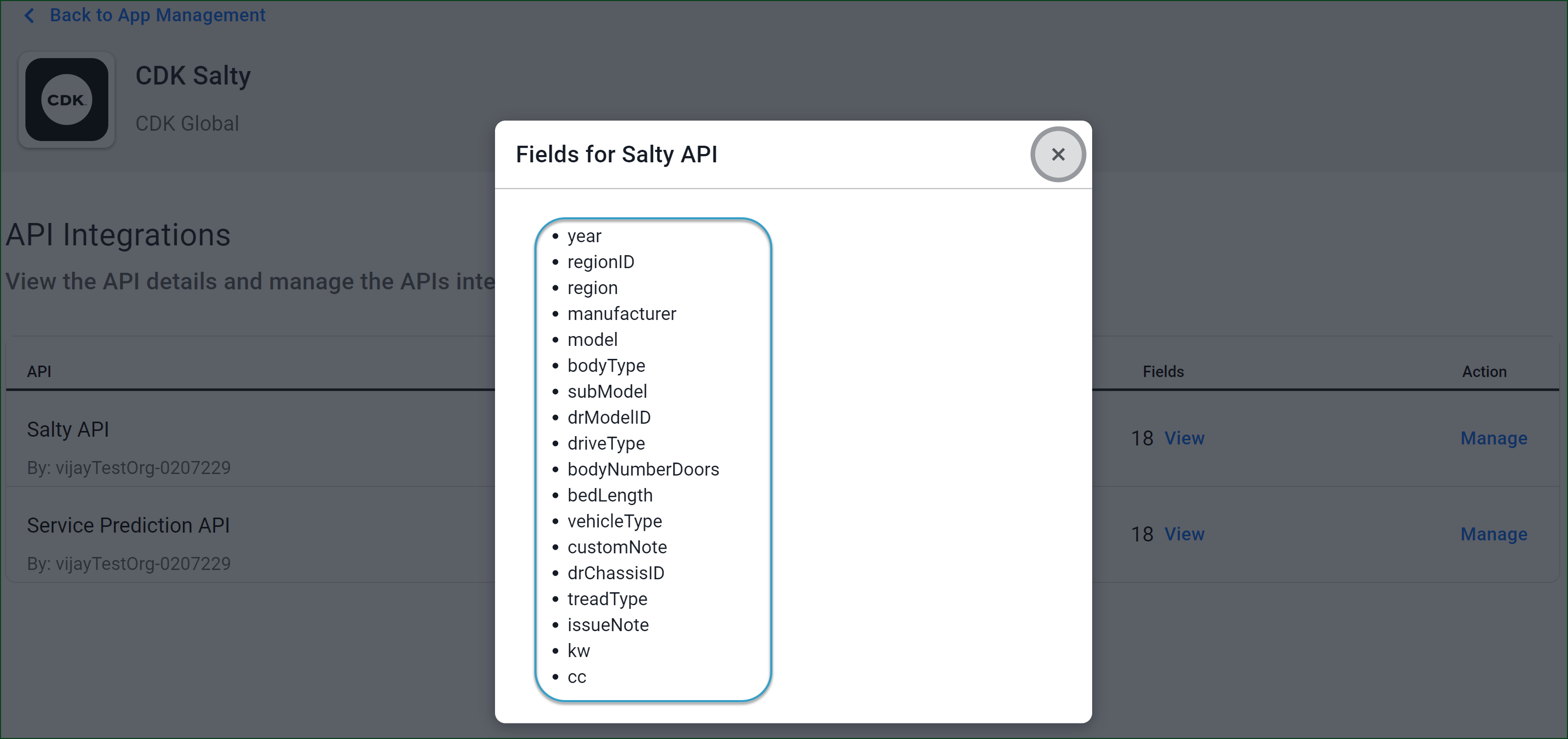 Click Manage for the API you want to configure, the Integrations page ...